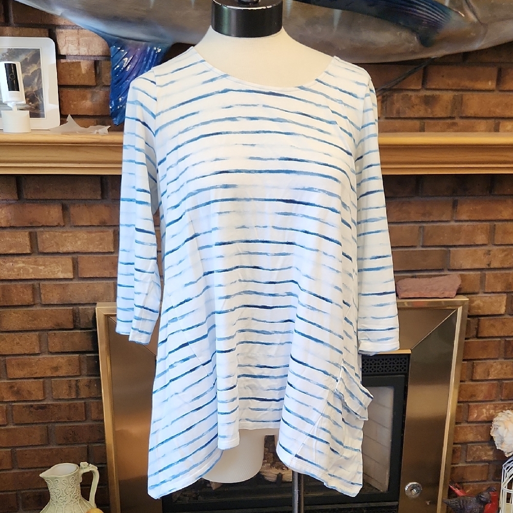 Pure Jill Light Blue Striped Women’s Tunic Tee Size Medium Cotton Modal Blend